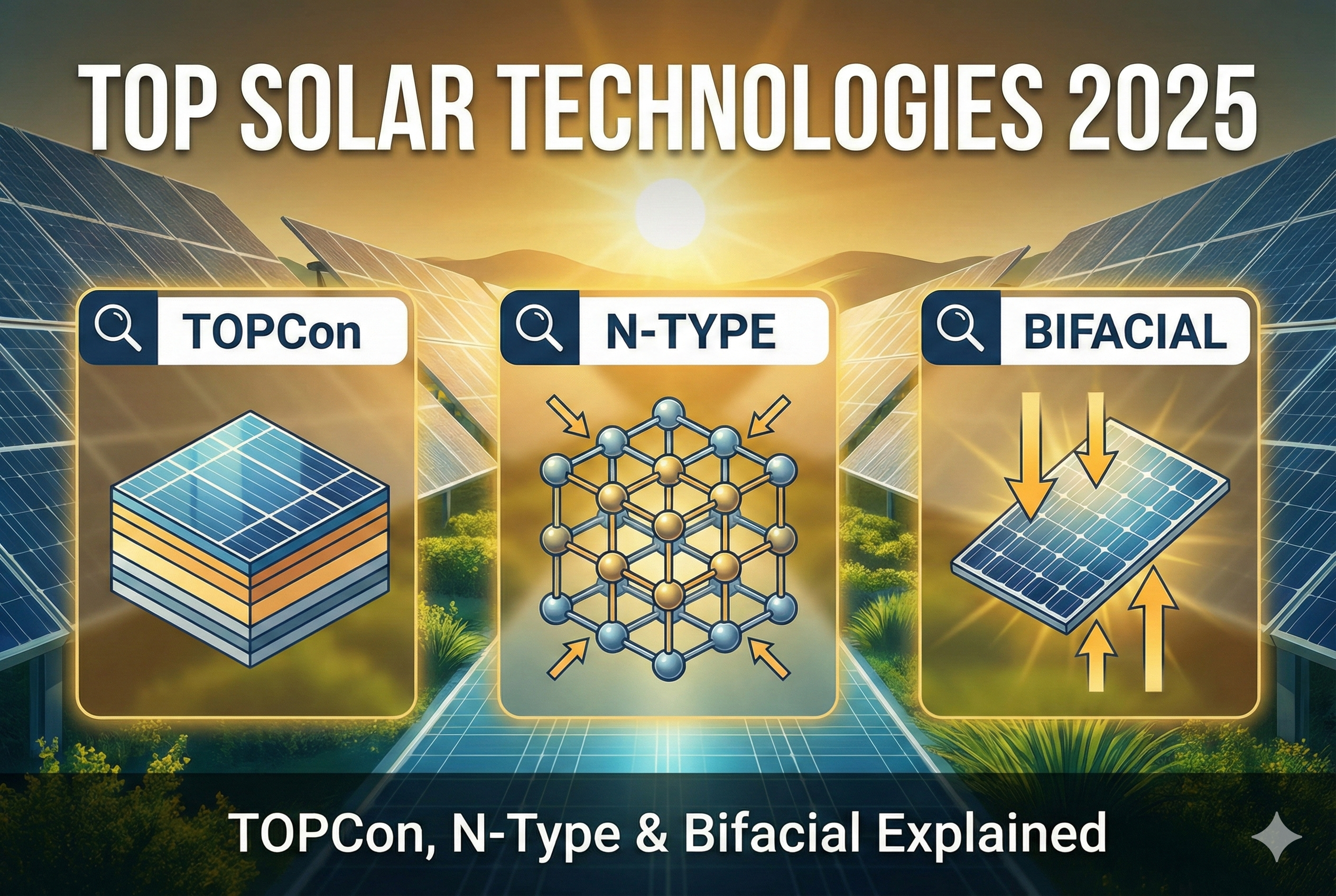 TOPCon, N-Type and bifacial solar panels representing Top Solar Technologies 2025.