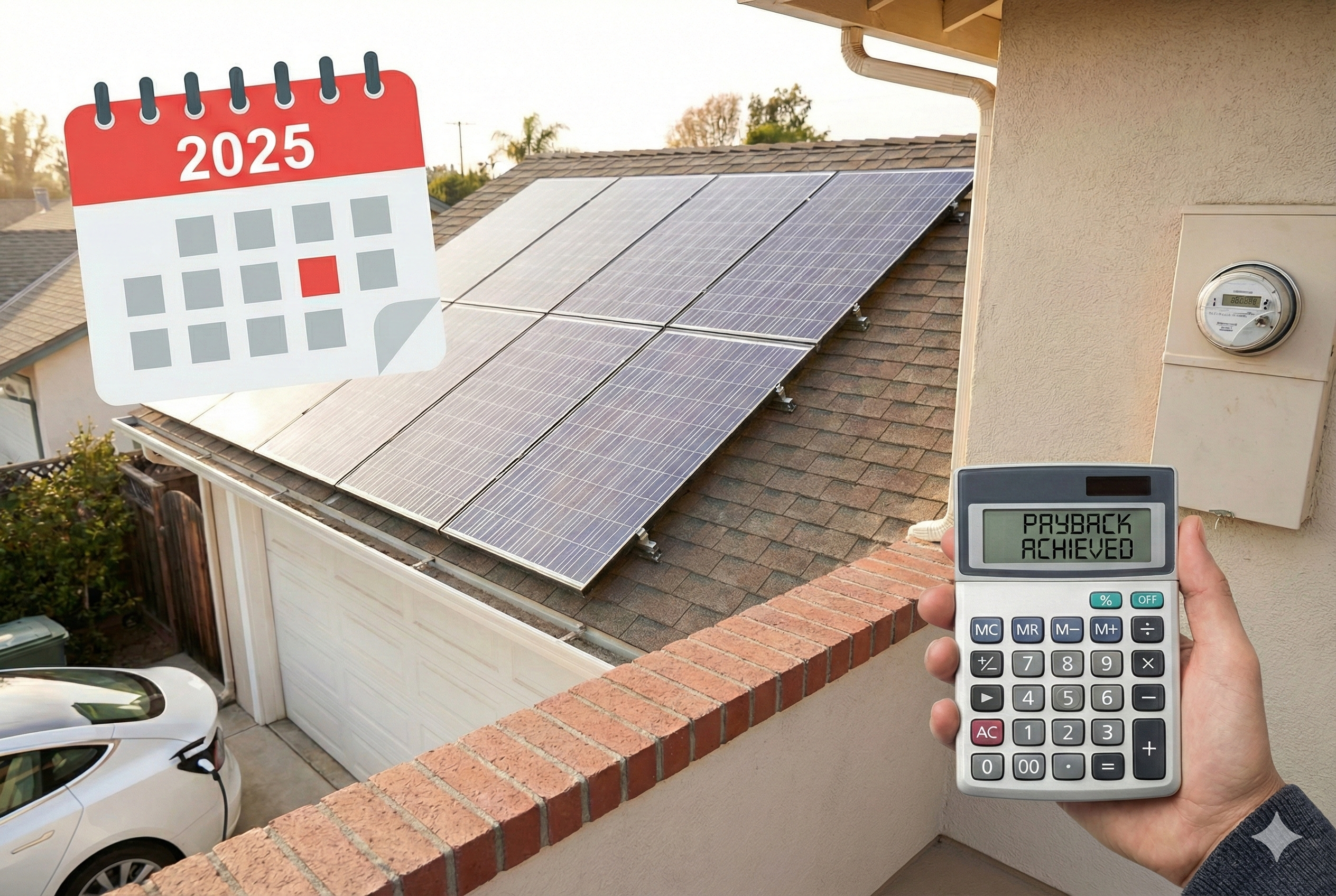 A hand holds a calculator displaying "PAYBACK ACHIEVED" in front of a house with solar panels on the roof and a utility meter on the wall. A calendar icon in the top left corner is marked "2025" with a red date, suggesting the solar investment has been recouped by that year. A white electric car is partially visible in the driveway below.