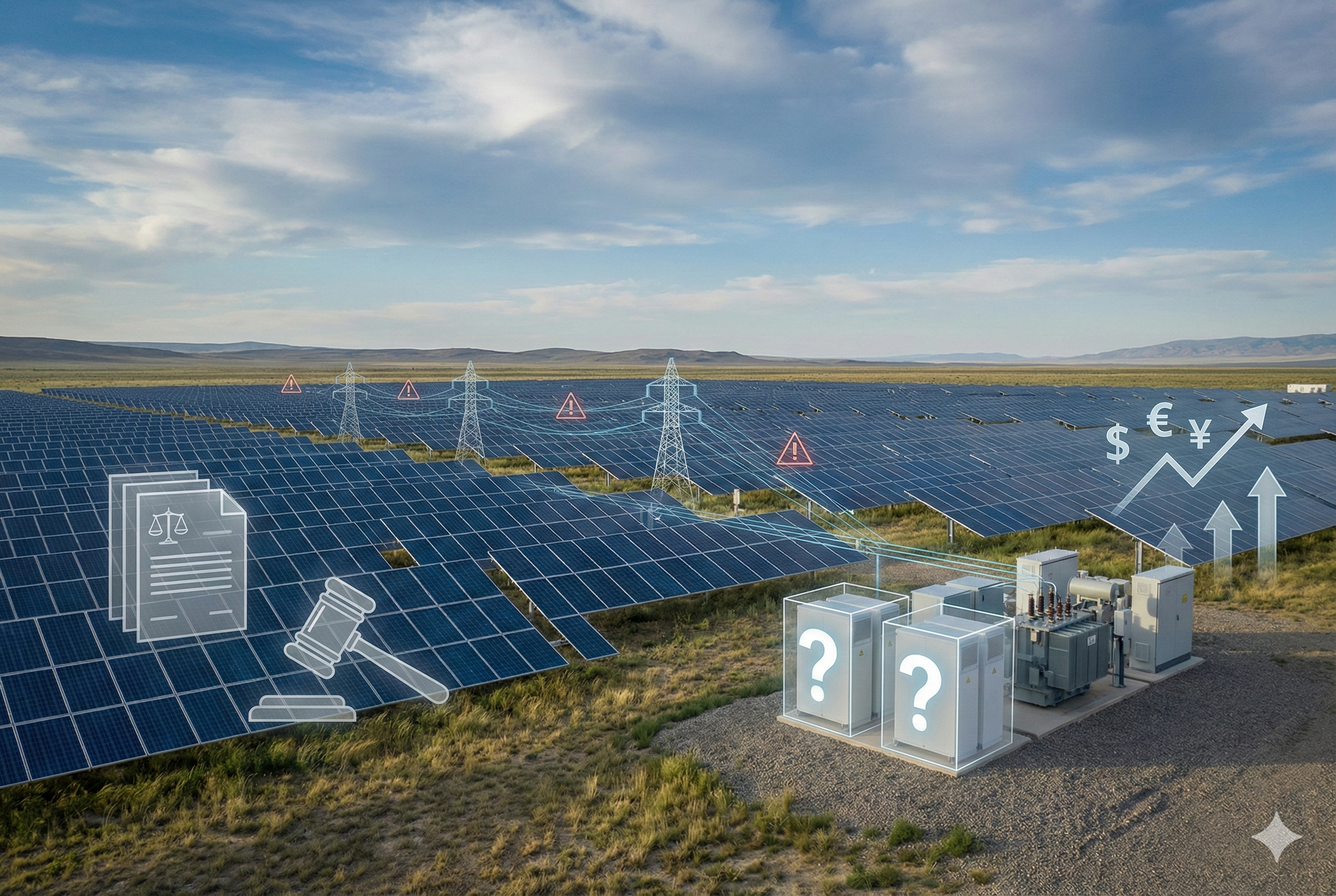 Key challenges in solar adoption at industry level showing large-scale solar power plant, grid infrastructure, policy, finance, and energy storage issues