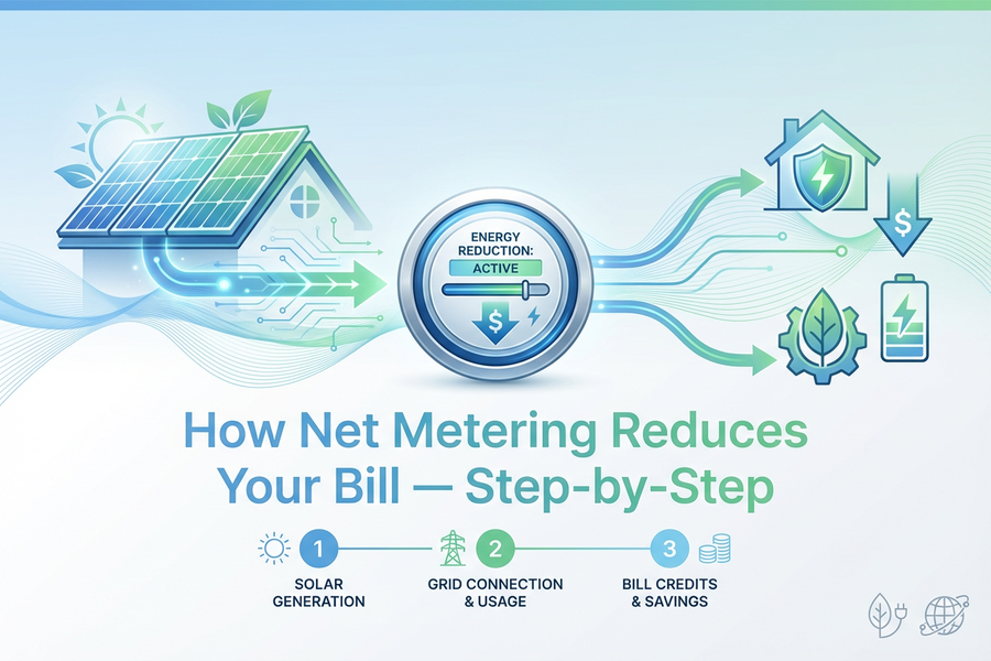 Illustration of a house with solar panels showing how net metering reduces electricity bills, with icons of the sun, power meter, and energy credits.