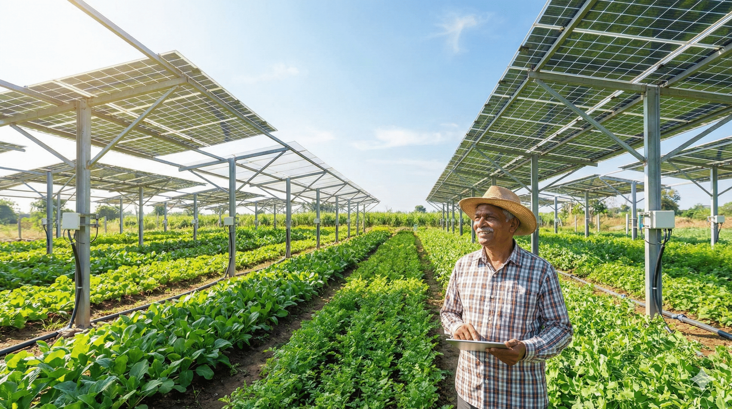 Agrivoltaics: growing crops under solar panels on an Indian farm to support smart and sustainable farming
