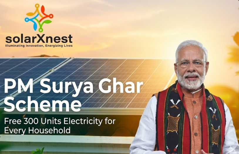 PM Surya Ghar Scheme promoted by Narendra Modi showing rooftop solar panels providing free 300 units electricity