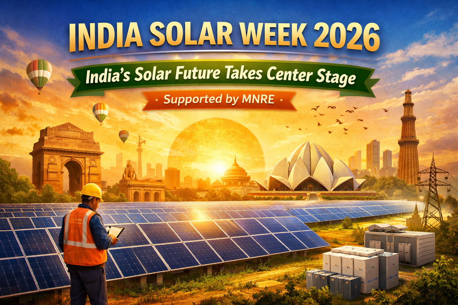 India Solar Week 2026 featured image showing solar panels with Indian landmarks, sunrise background, and title highlighting India’s solar energy future with MNRE support.