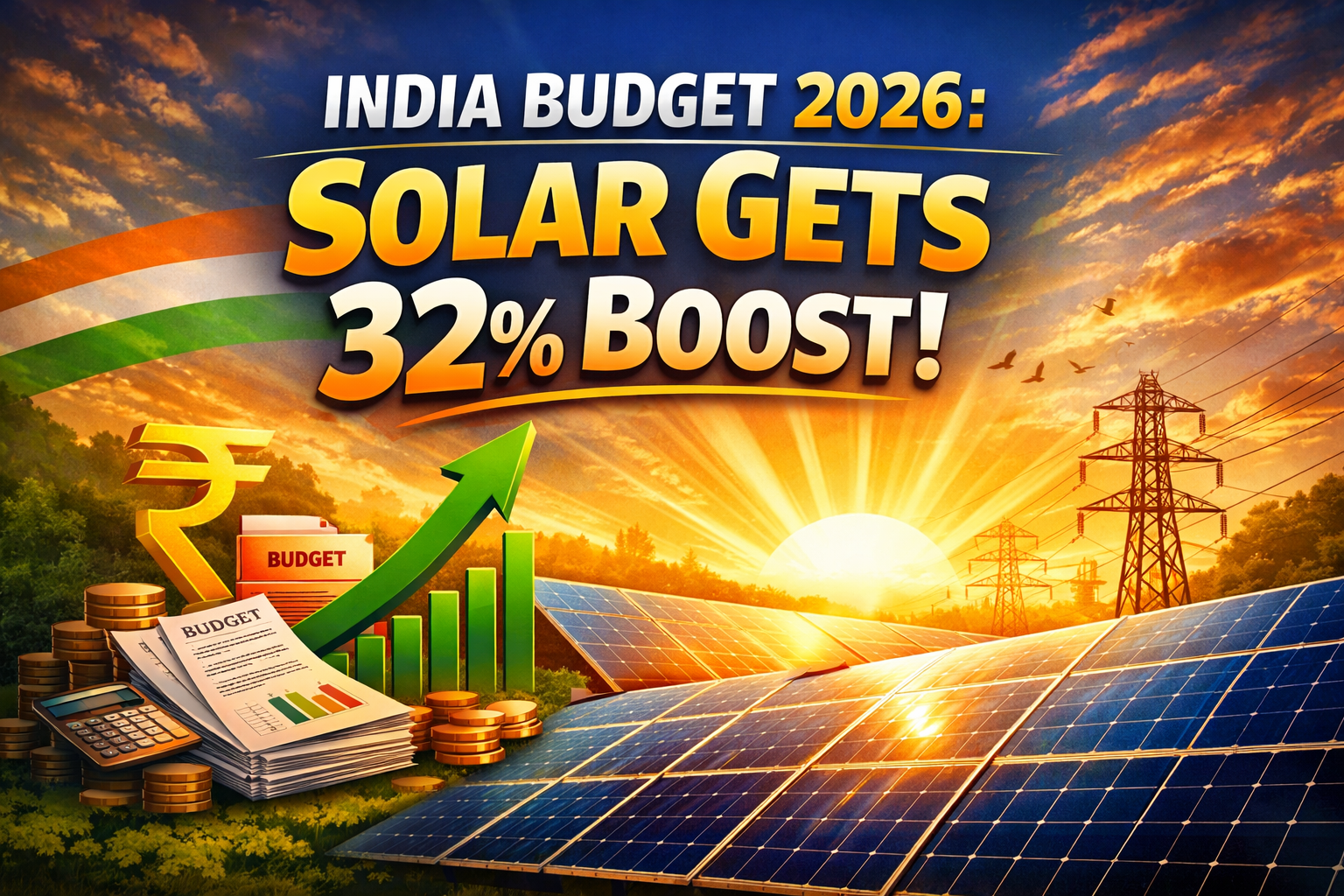 India Budget 2026 solar gets 32 percent boost – solar panels with budget and growth visual