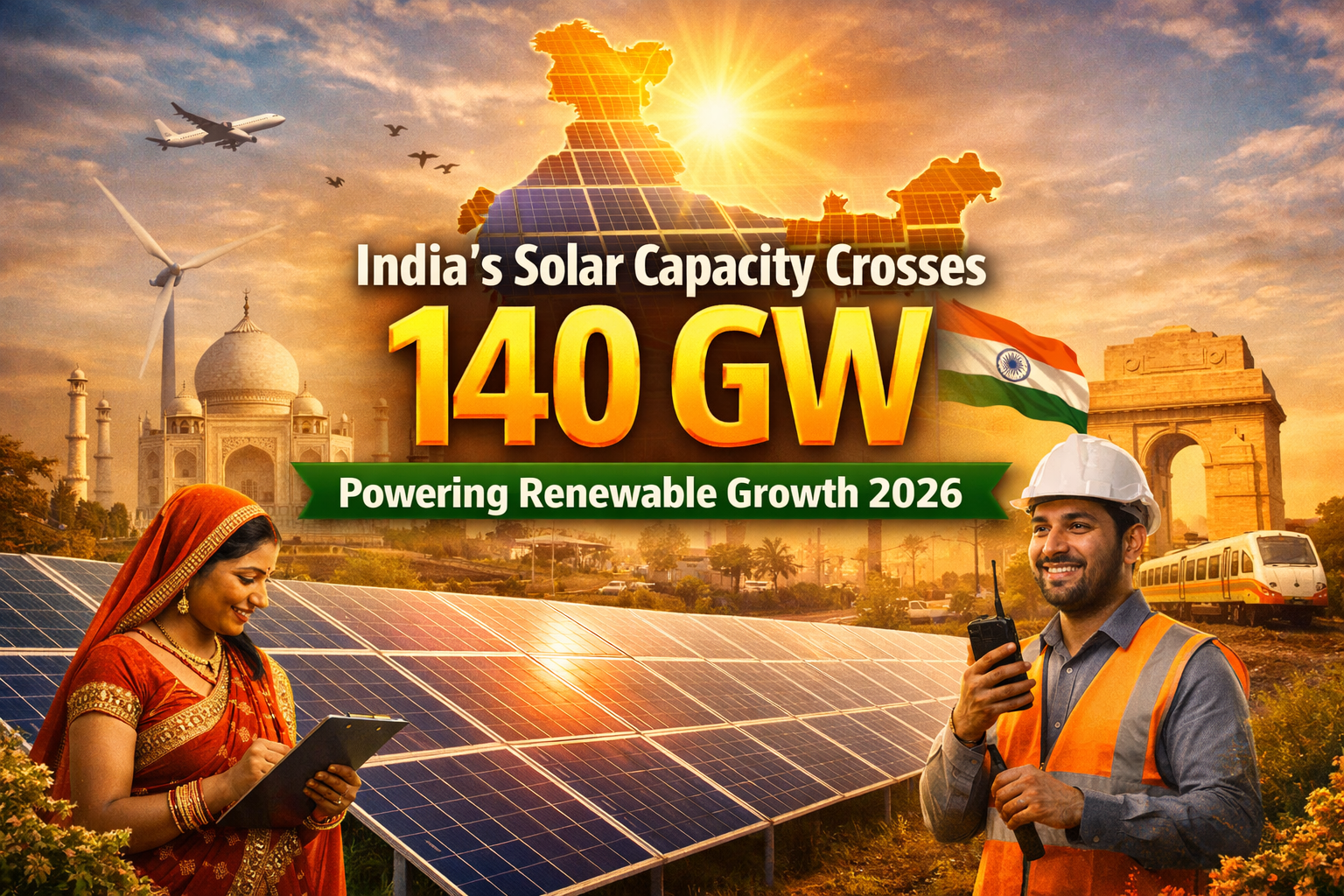 Indian solar power featured image showing solar panels, an Indian engineer and woman in traditional attire with India Gate and Taj Mahal in background, titled “India’s Solar Capacity Crosses 140 GW – Powering Renewable Growth 2026