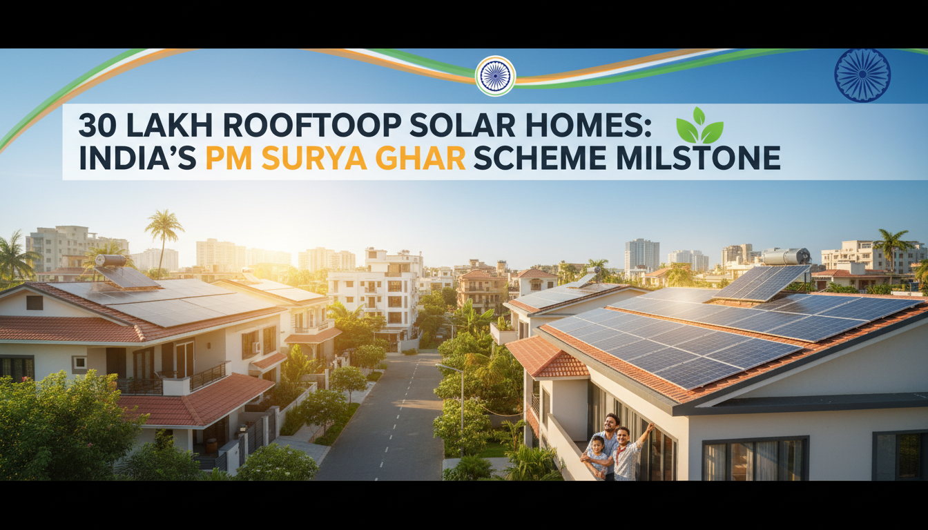 Indian homes with rooftop solar panels under PM Surya Ghar Scheme celebrating 30 lakh solar installations milestone