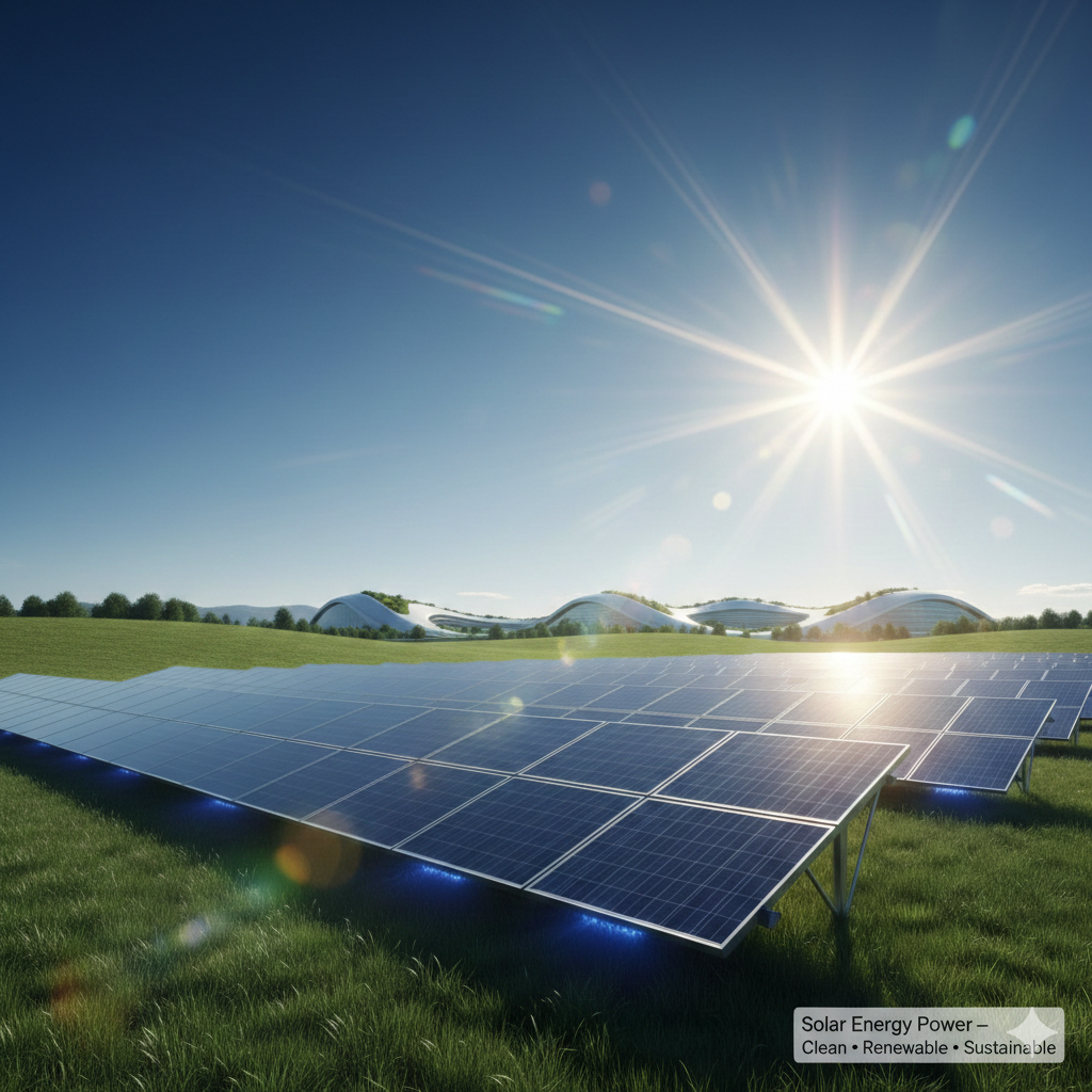 Illustration of solar panels connected to a battery storage system with the title “Solar + Battery Storage Becoming the New Energy Standard” on a modern clean energy background.