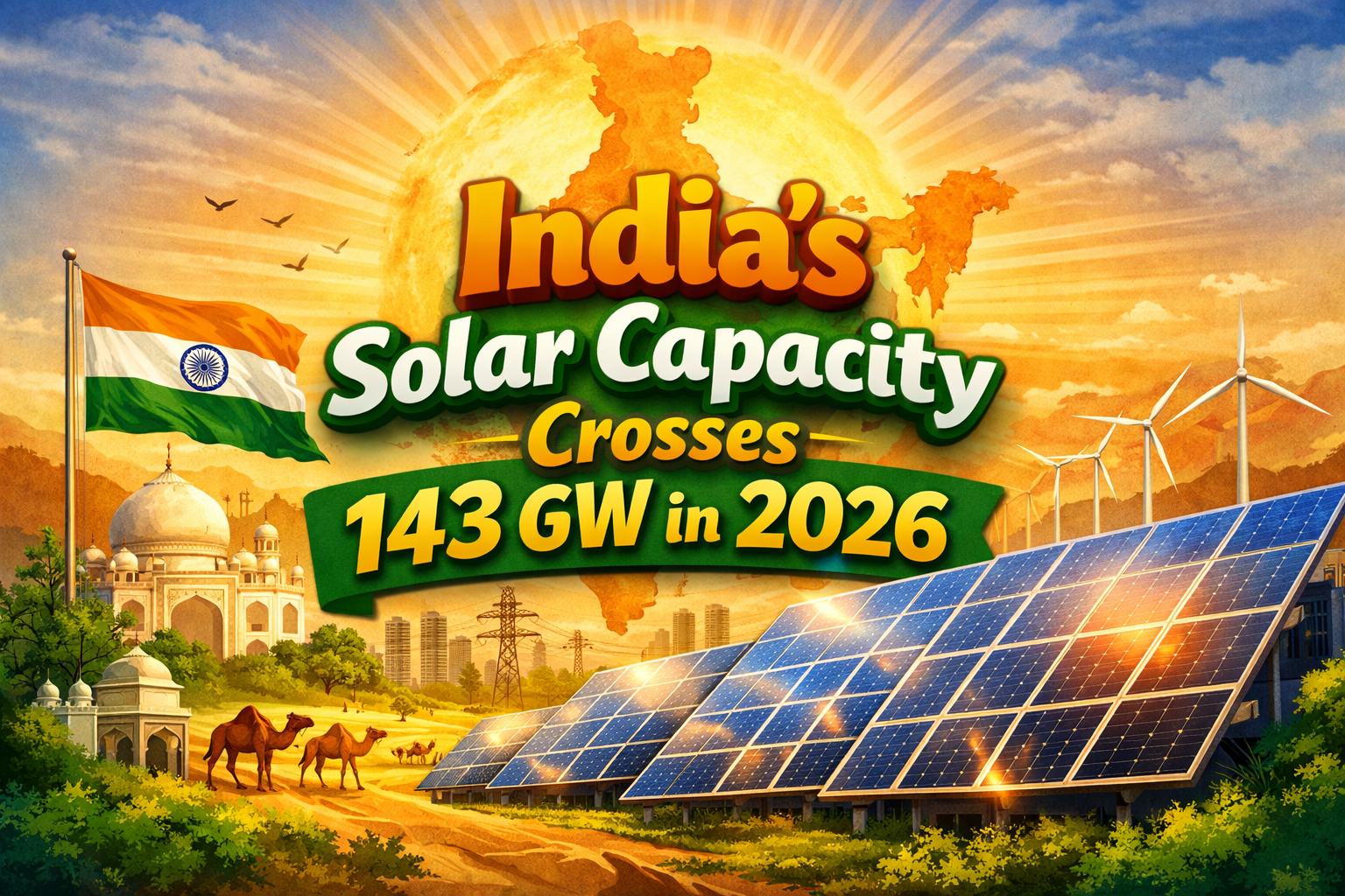 India solar capacity crosses 143 GW in 2026 featured image with solar panels, Indian flag, sunrise, and renewable energy landscape