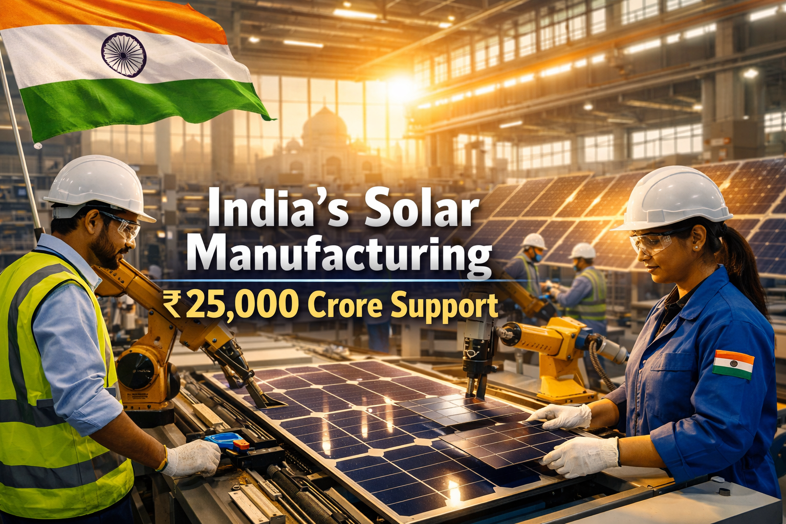 India solar manufacturing factory with engineers and solar panels highlighting ₹25,000 crore government support for domestic solar industry
