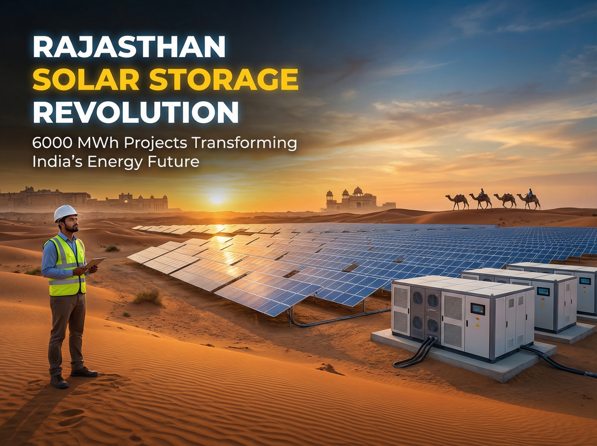 Solar panels in Rajasthan desert with battery storage system representing 6000 MWh solar project India