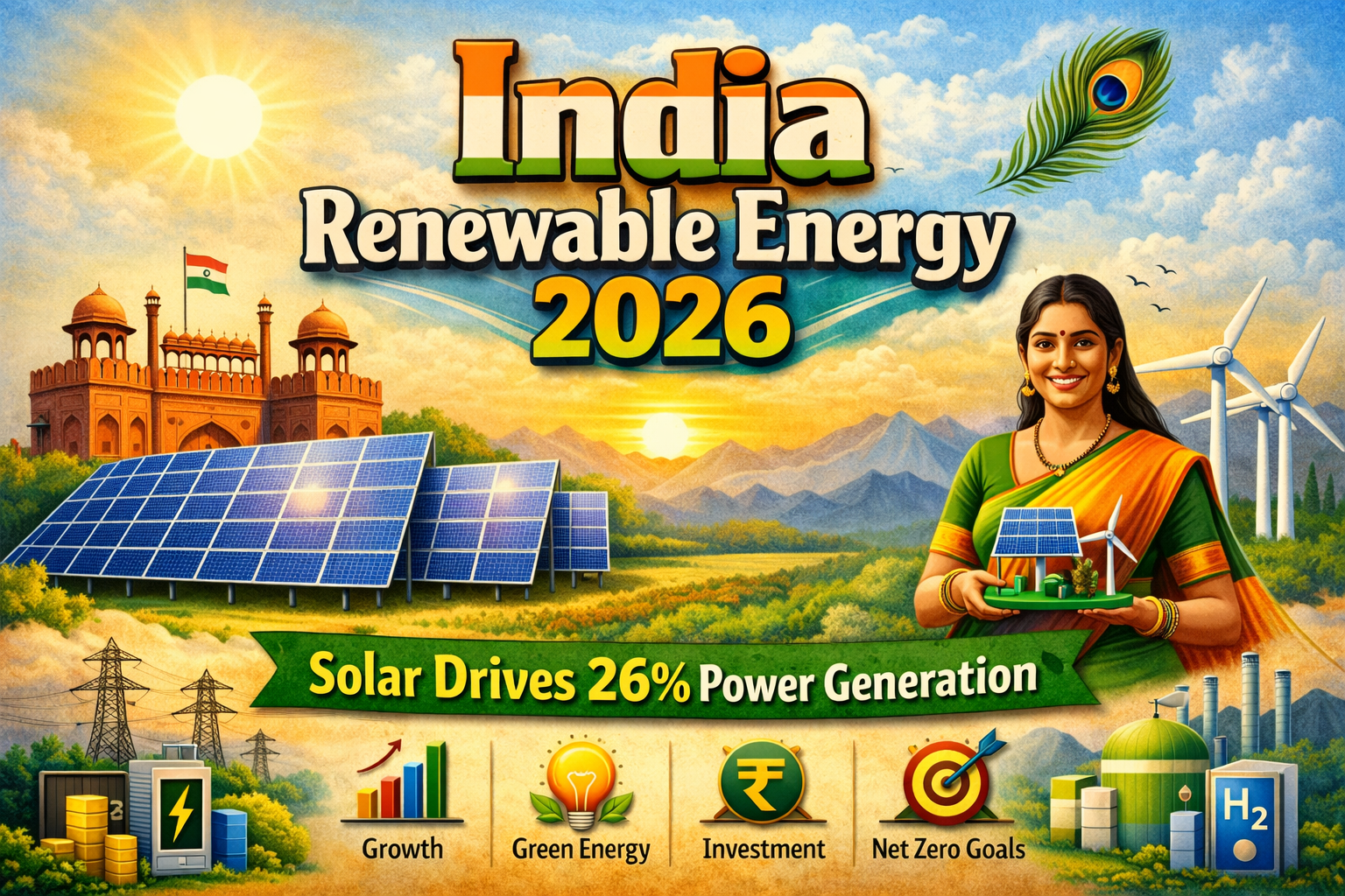“India renewable energy 2026 with solar panels, wind turbines and Indian cultural elements showing 26% power generation growth