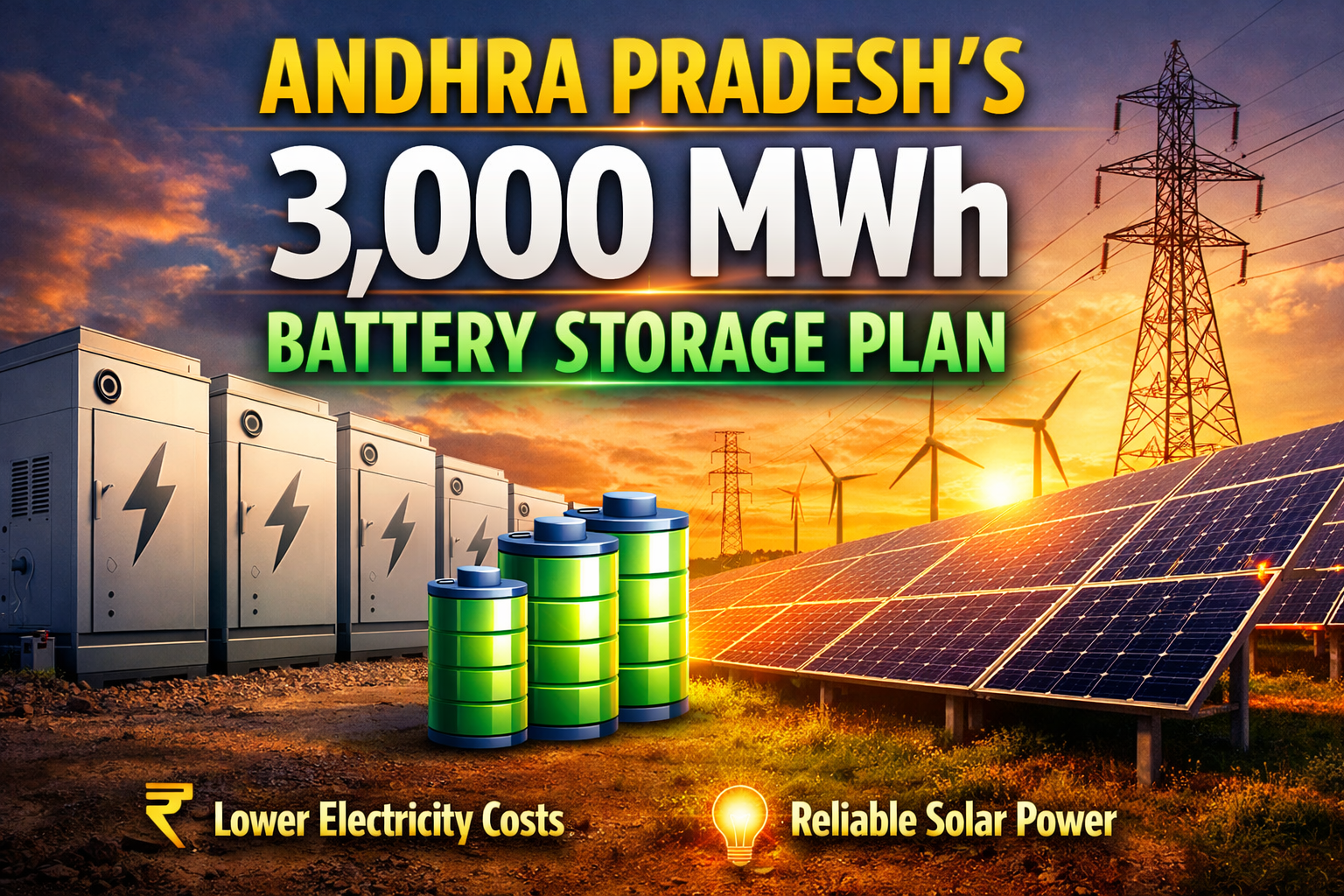 Andhra Pradesh 3000 MWh battery storage plan with solar panels, power grid, and energy storage systems showing renewable energy future