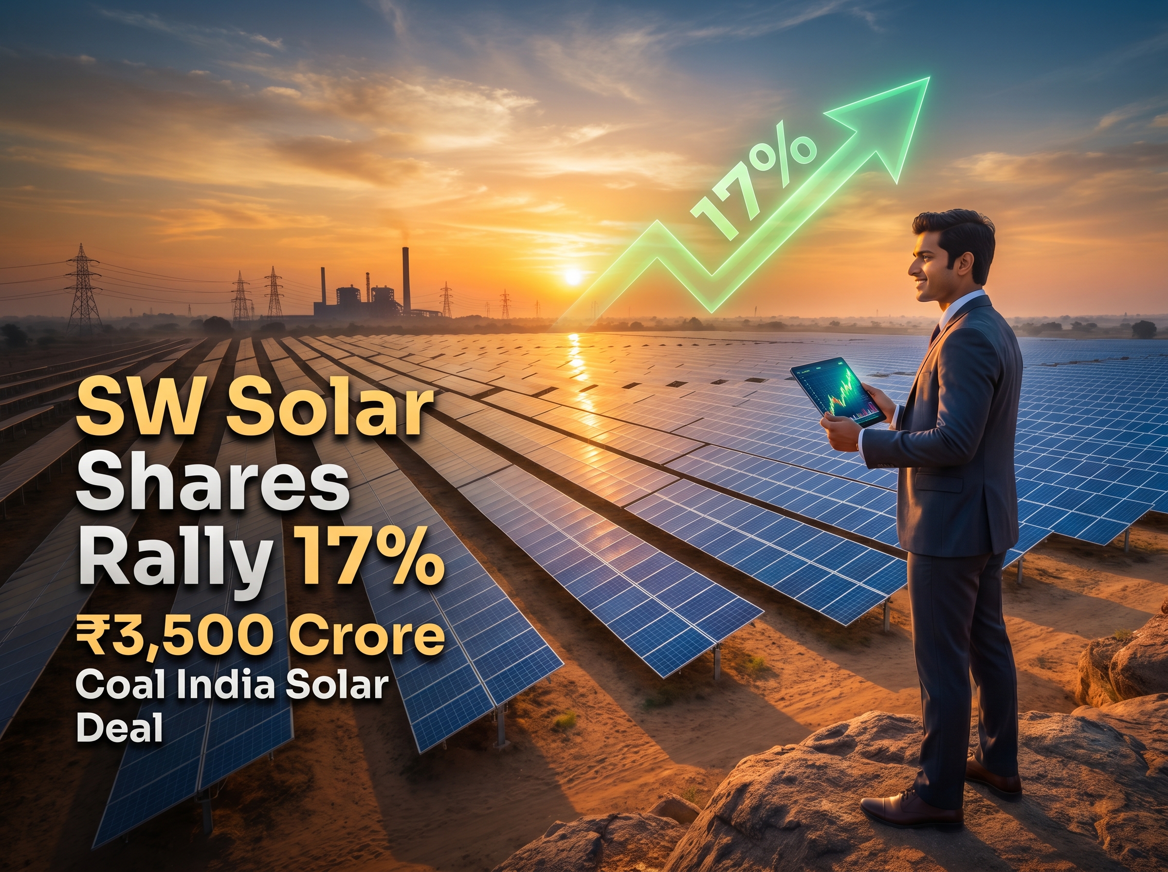 SW Solar shares rally 17% after ₹3,500 crore Coal India solar deal, showing solar plant with rising stock market graph in India