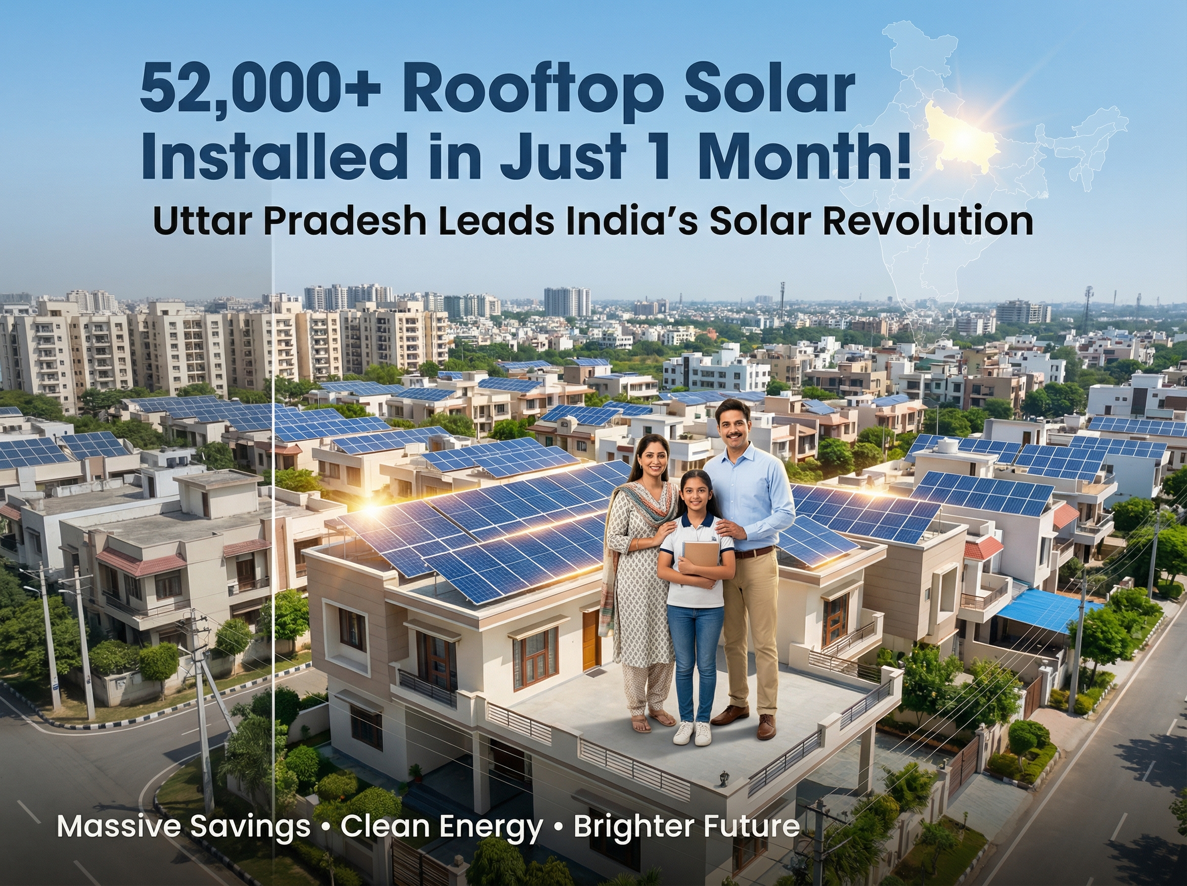 “Uttar Pradesh rooftop solar growth 2026 with houses covered in solar panels and family benefiting from clean energy”
