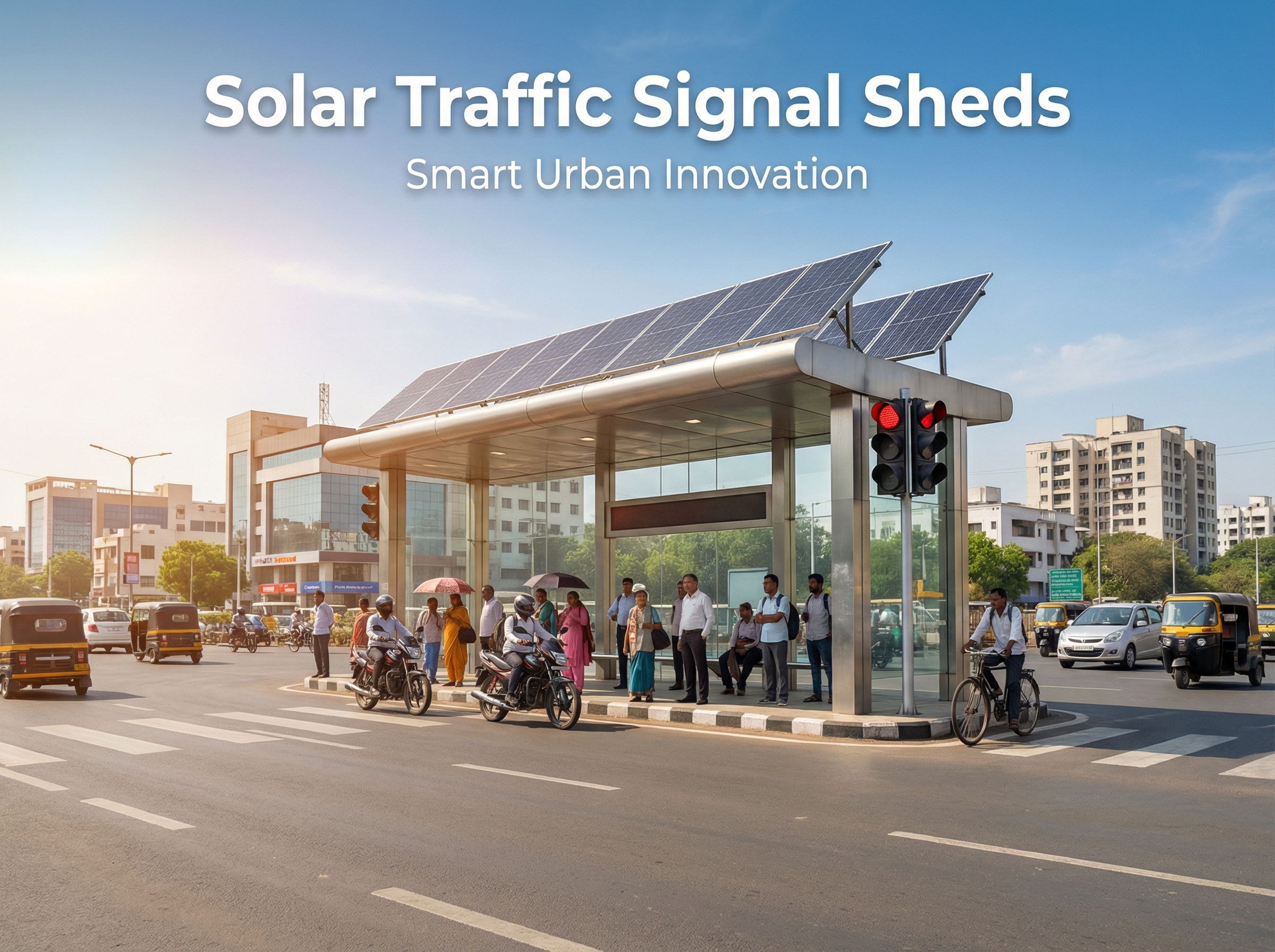 Solar traffic signal shed in Nagpur providing shade to commuters while generating clean solar energy at a busy intersection