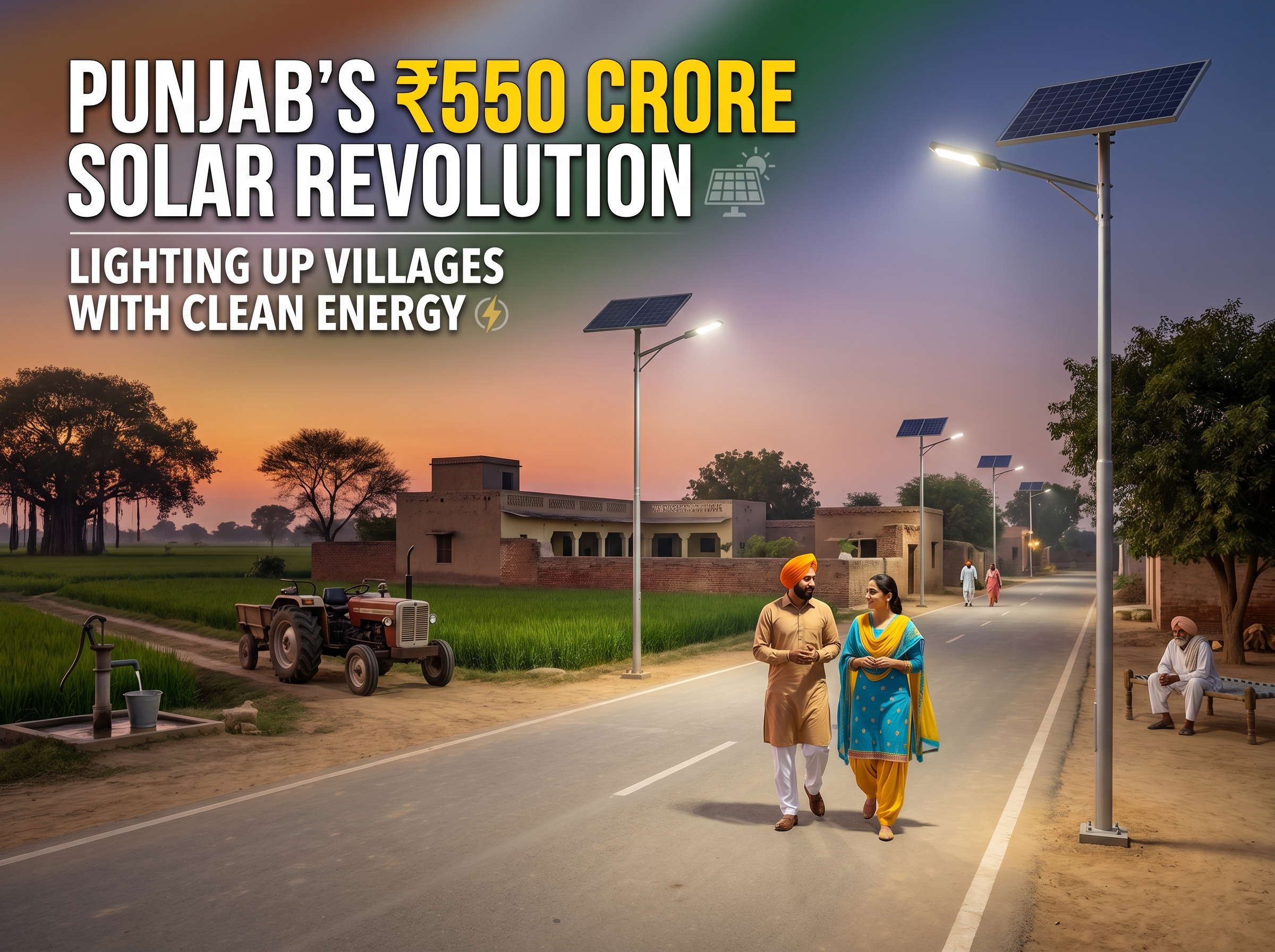 Punjab village with solar LED streetlights illuminating roads at night, showcasing ₹550 crore rural solar energy scheme in India