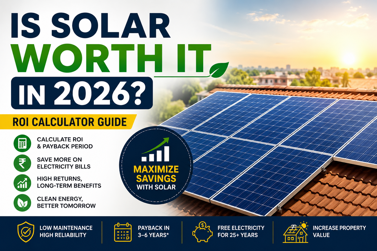 Featured blog image showing rooftop solar panels under bright sunlight with the title “Is Solar Worth It in 2026? ROI Calculator Guide.” The design highlights solar savings, payback period, free electricity for 25+ years, low maintenance, and increased property value with clean infographic icons.