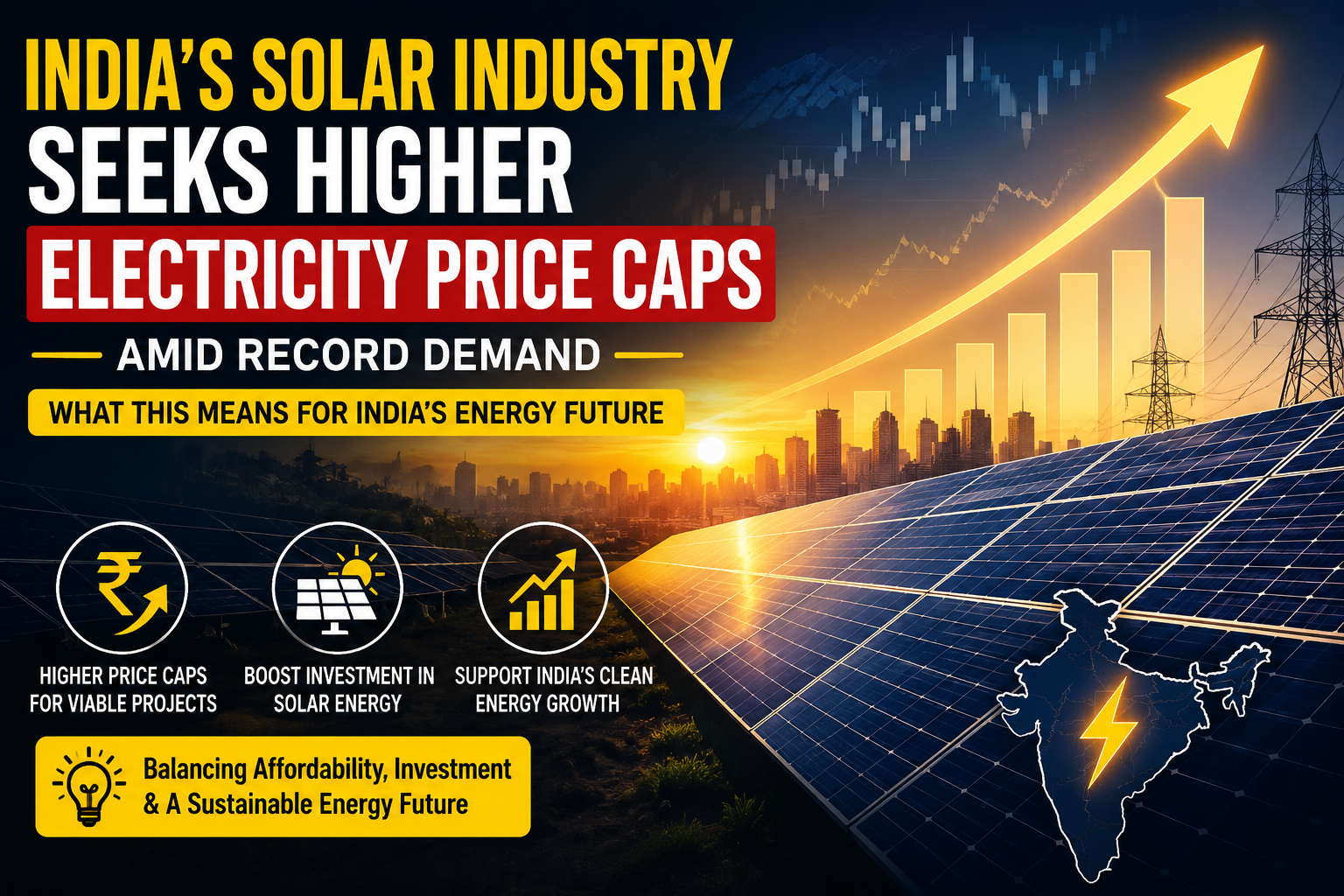 Illustration of India’s solar energy industry featuring large solar panels, rising electricity demand graphics, power transmission towers, and a city skyline, highlighting the debate around higher electricity price caps and the future of clean energy in India.