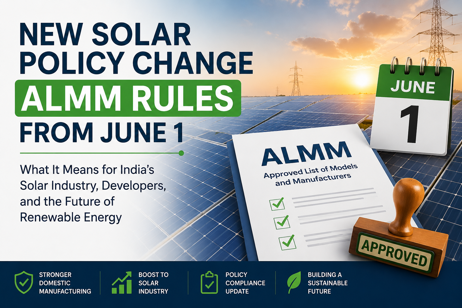 New solar policy change ALMM rules from June 1 featured image showing solar panels, policy approval document, June 1 calendar, and India renewable energy policy update concept.