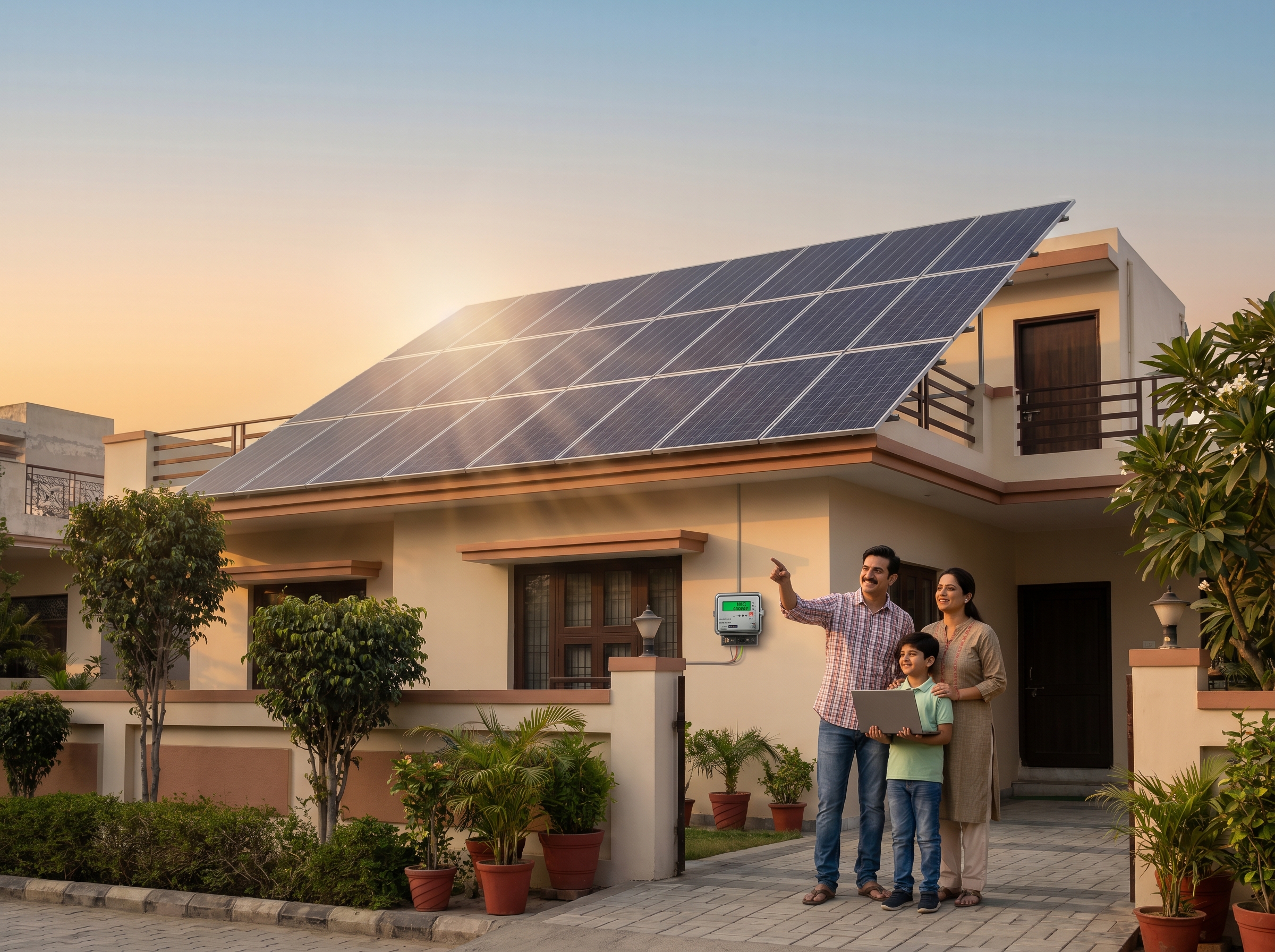 Solar for Indian homes rooftop panels on a middle-class house with family saving electricity bills in India