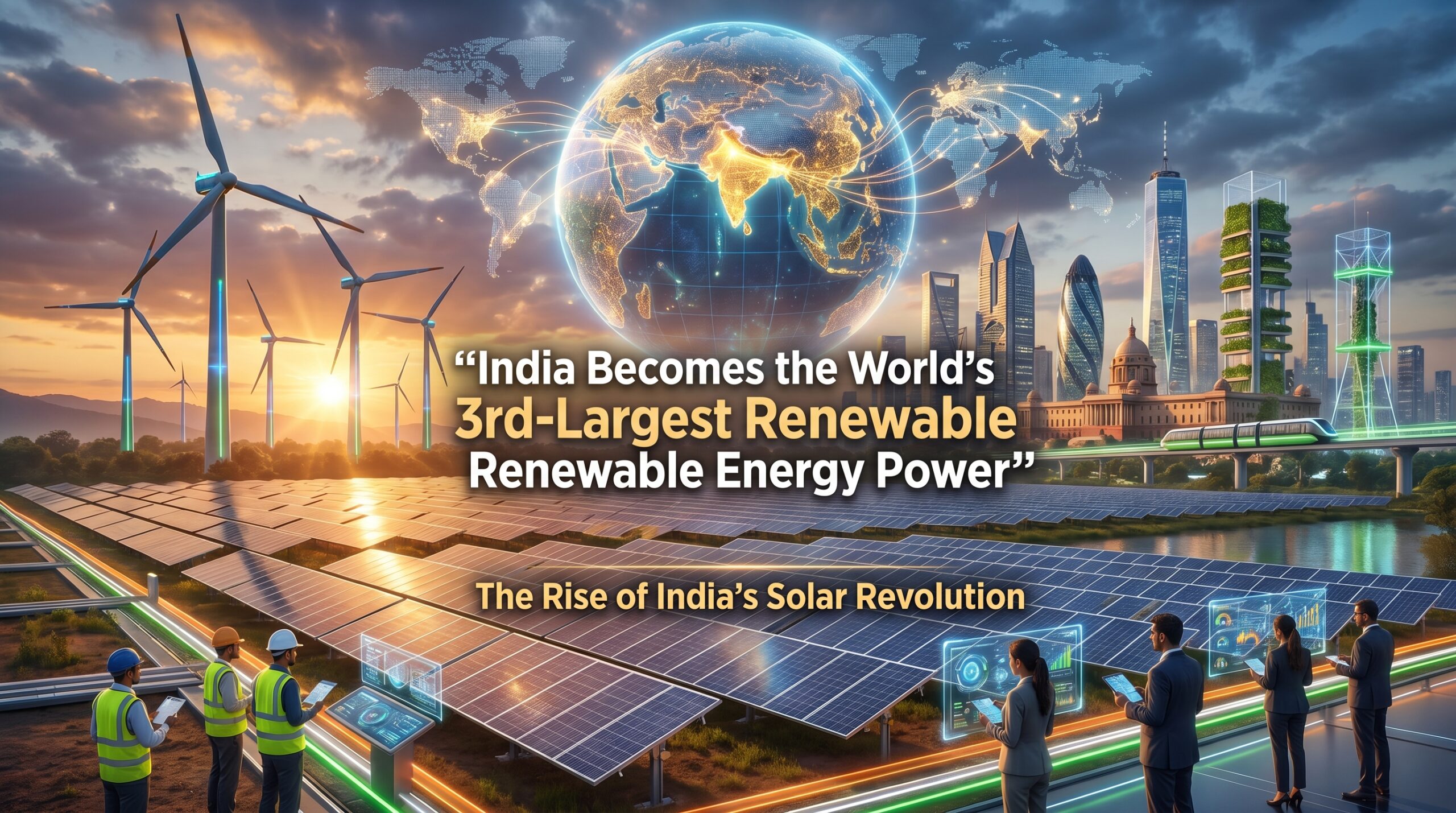 India becoming the world’s 3rd-largest renewable energy power with massive solar panels, wind turbines, futuristic Indian skyline, and global clean energy theme.