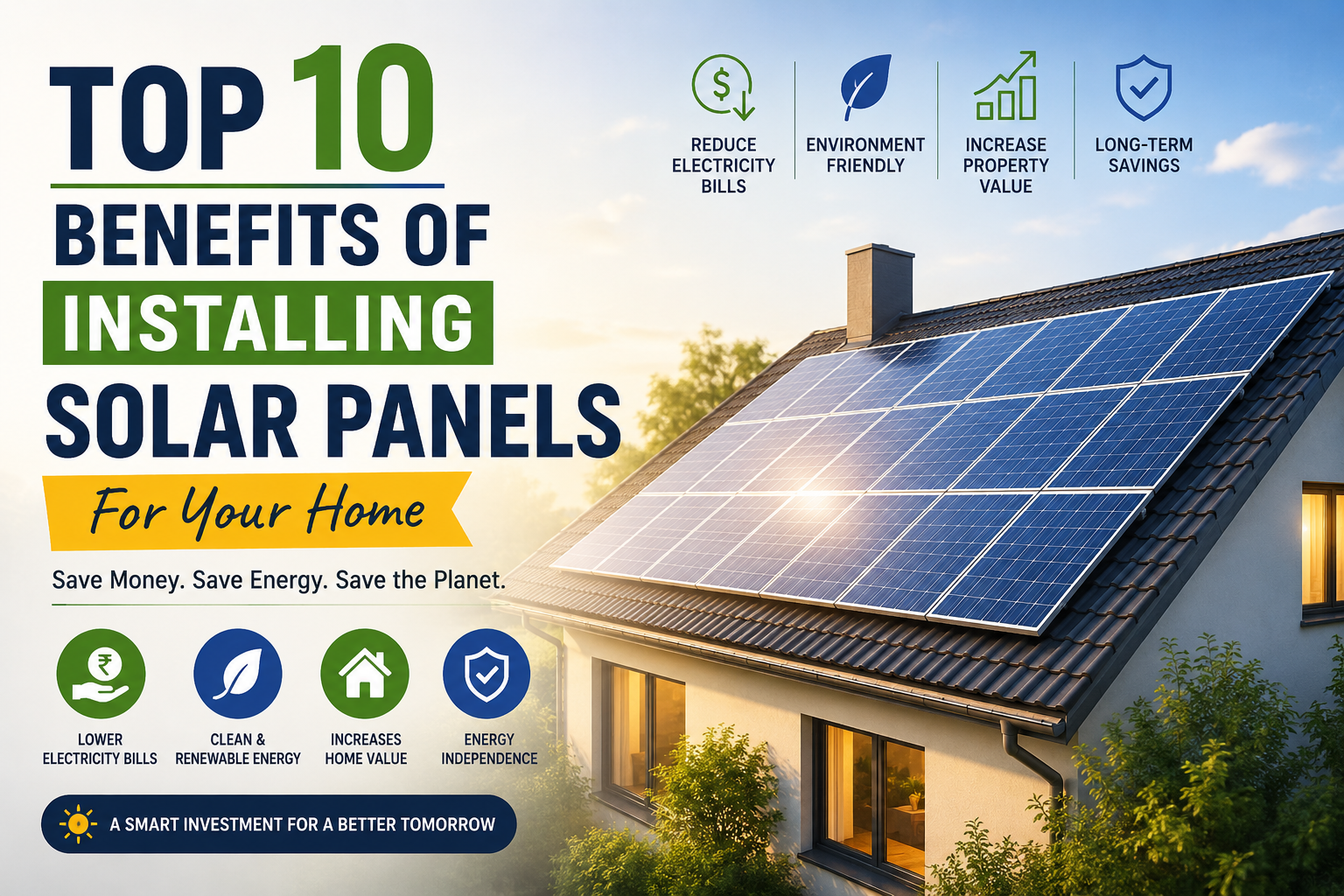 Modern residential home with rooftop solar panels under bright sunlight, highlighting the top 10 benefits of installing solar panels, including lower electricity bills, renewable energy, increased property value, and energy independence.